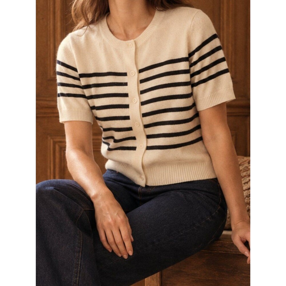 CAARA Cream Black Striped 100% Cashmere Short Sleeve Cardigan Size XL